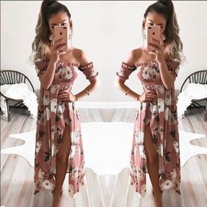 Boho Floral Off Shoulder Maxi Dress Rose Pink NWT